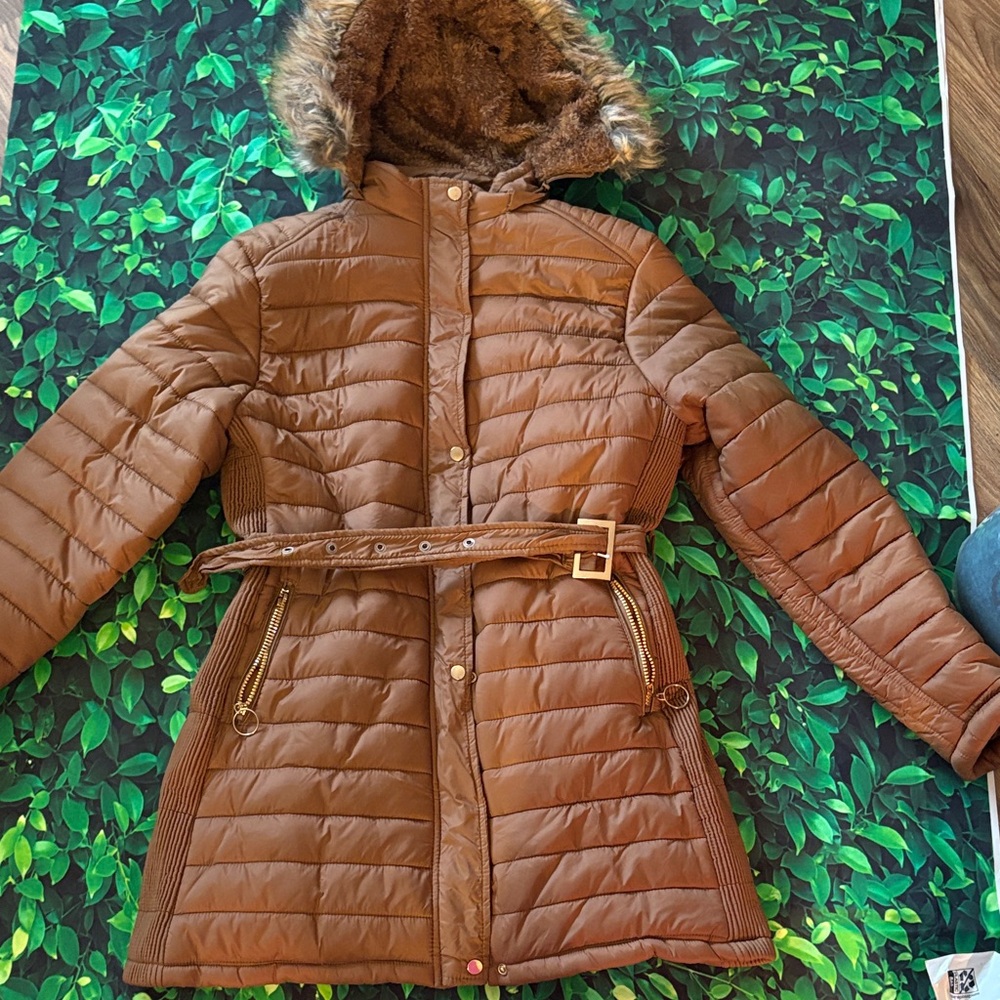 Women's Brown Puffer Jacket with Faux Fur Hood